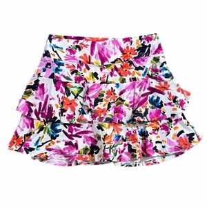 DONA JO Women Medium Floral Painted Colorful Ruffle Tennis Lined Skirt